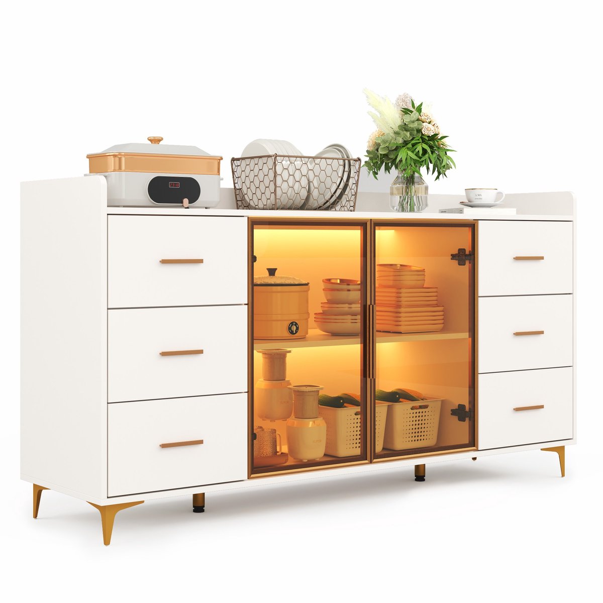 CINK Home® – Luxe Dressoir 160×44×87 cm met LED-verlichting – 6 Lades & Glazen Deuren – Woonkamerkast Wit/Goud – Moderne Opbergkast MDF & Gehard Glas