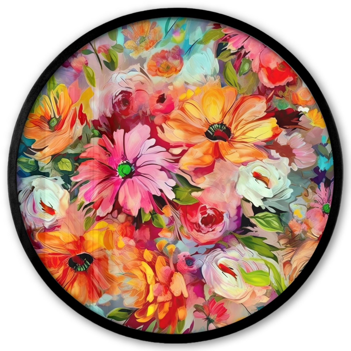 FrameYourWall Poster in lijst Rond - Fotolijst 40x40 cm - Posters - Bloemen - Kleurrijk - Kunst - Olieverf - Ronde posterlijst zwart - Decoratie - Wanddecoratie woonkamer - Muurdecoratie slaapkamer Bloemen - Olieverf