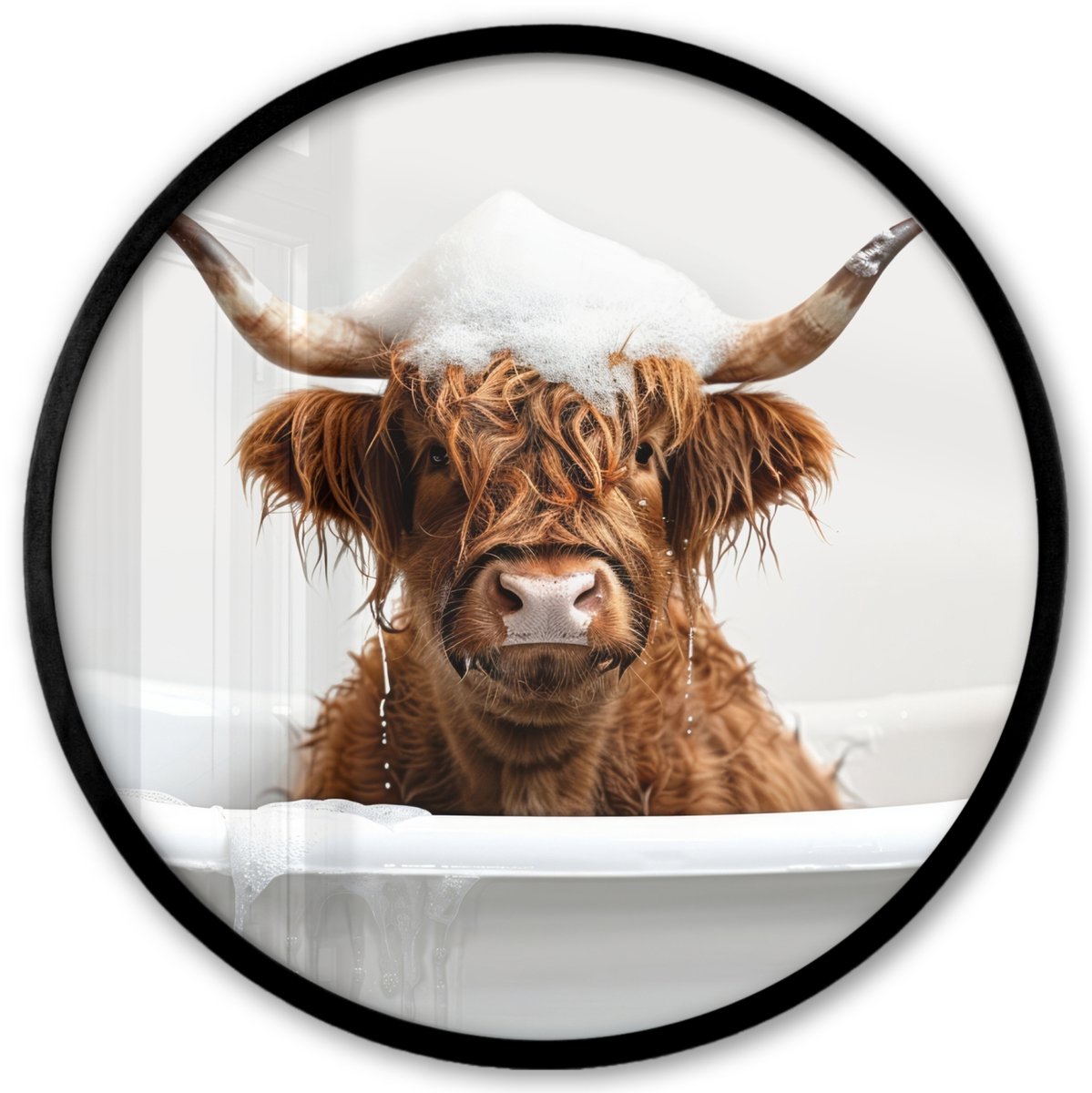 FrameYourWall Poster in lijst Rond - Fotolijst 40x40 cm - Posters - Schotse Hooglander - Bad - Koe - Dieren - Schuim - Ronde posterlijst zwart - Decoratie - Wanddecoratie woonkamer - Muurdecoratie slaapkamer