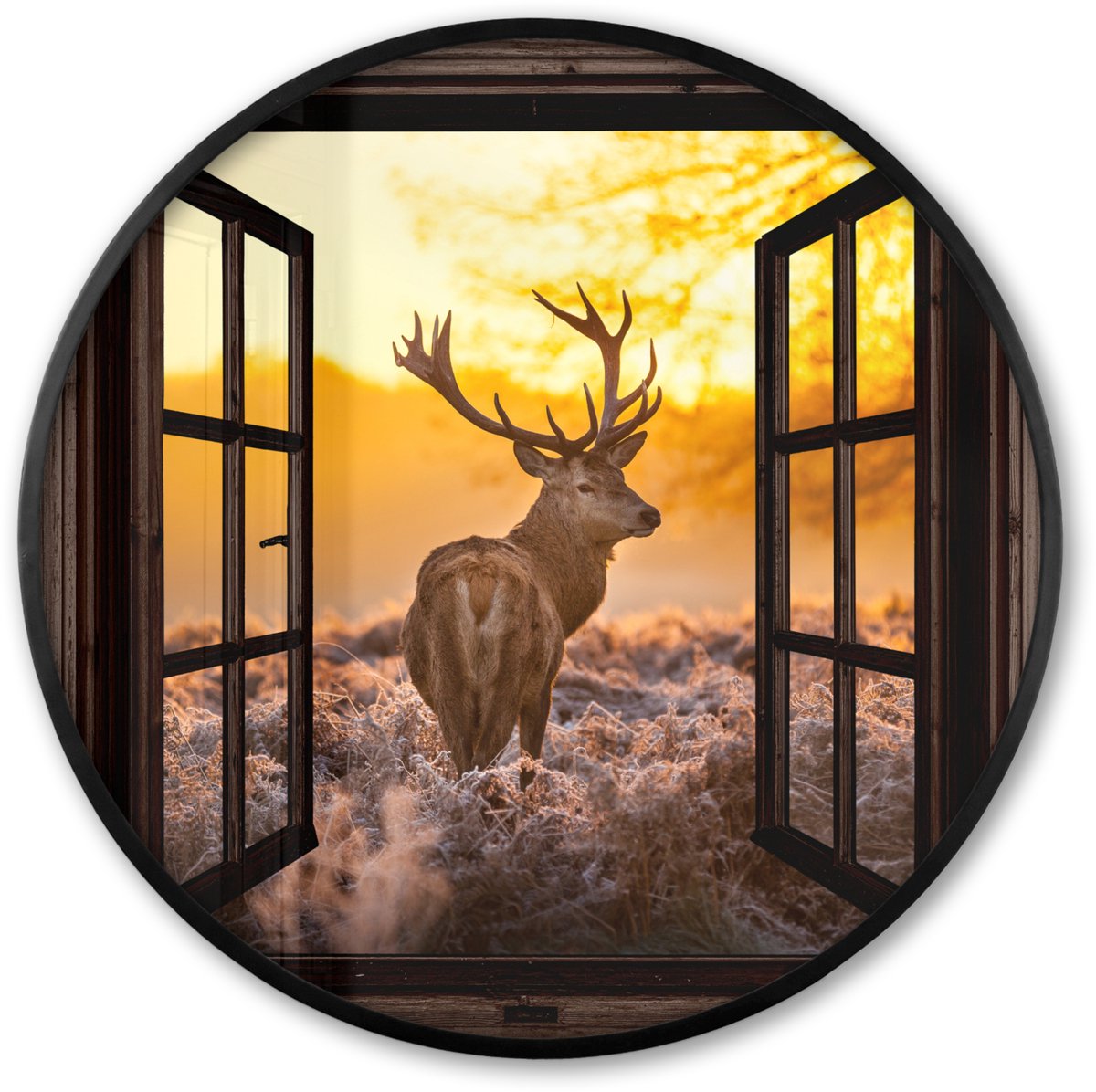 FrameYourWall Poster in lijst Rond - Fotolijst 80x80 cm - Posters - Hert - Herfst - Dieren - Natuur - Bos - Doorkijk - Ronde posterlijst zwart - Decoratie - Wanddecoratie woonkamer - Muurdecoratie slaapkamer Bruin