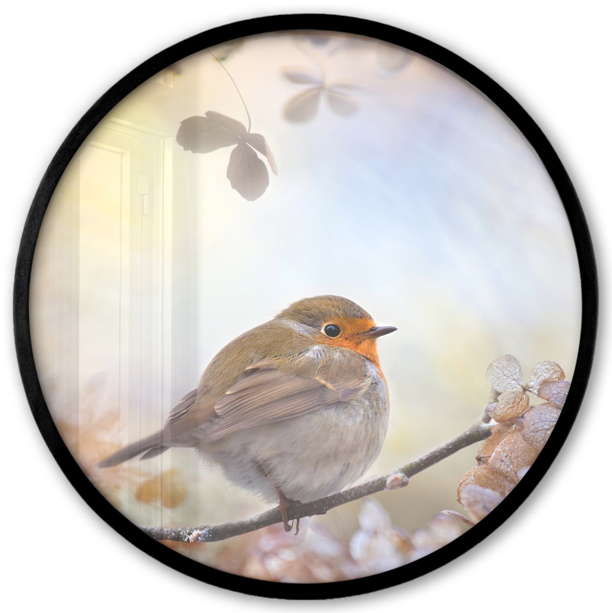 FrameYourWall Poster in lijst Rond - Fotolijst 40x40 cm - Posters - Vogel - Tak - Bladeren - Abstract - Ronde posterlijst zwart - Decoratie - Wanddecoratie woonkamer - Muurdecoratie slaapkamer Multicolor