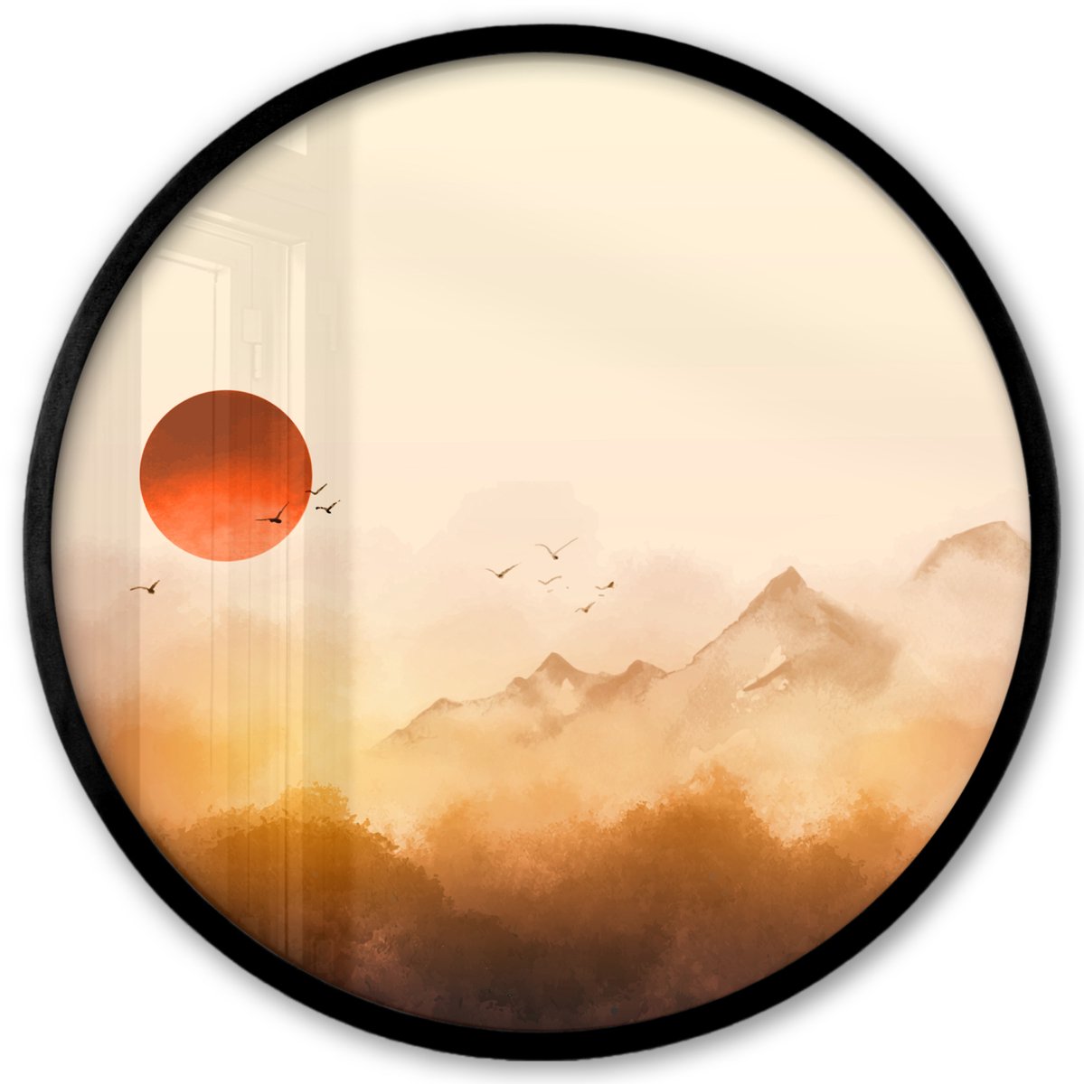 FrameYourWall Poster in lijst Rond - Fotolijst 40x40 cm - Posters - Schilderij - Zon - Landschap - Vogels - Ronde posterlijst zwart - Decoratie - Wanddecoratie woonkamer - Muurdecoratie slaapkamer Multicolor