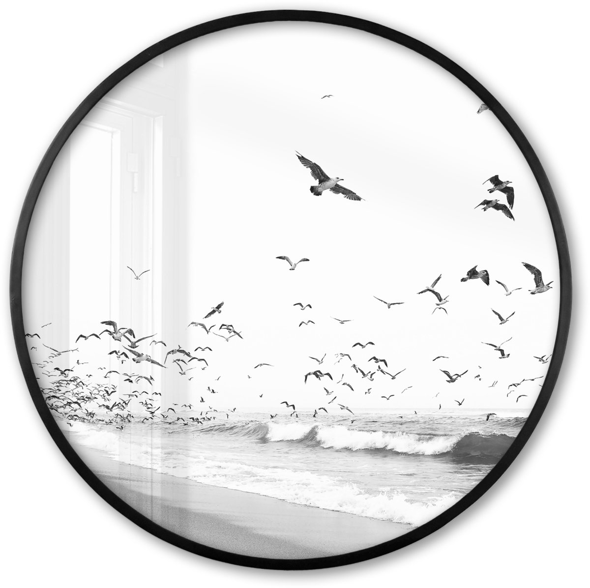 FrameYourWall Poster in lijst Rond - Fotolijst 60x60 cm - Posters - Strand - Zee - Golven - Vogels - Natuur - Ronde posterlijst zwart - Decoratie - Wanddecoratie woonkamer - Muurdecoratie slaapkamer Multicolor