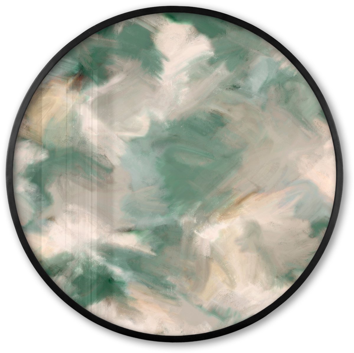 FrameYourWall Poster in lijst Rond - Fotolijst 80x80 cm - Posters - Kunst - Verf - Groen - Beige - Abstract - Ronde posterlijst zwart - Decoratie - Wanddecoratie woonkamer - Muurdecoratie slaapkamer