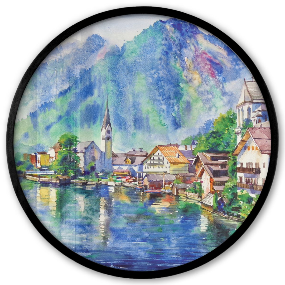 FrameYourWall Poster in lijst Rond - Fotolijst 40x40 cm - Posters - Schilderij - Olieverf - Huis - Bergen - Water - Ronde posterlijst zwart - Decoratie - Wanddecoratie woonkamer - Muurdecoratie slaapkamer Multicolor