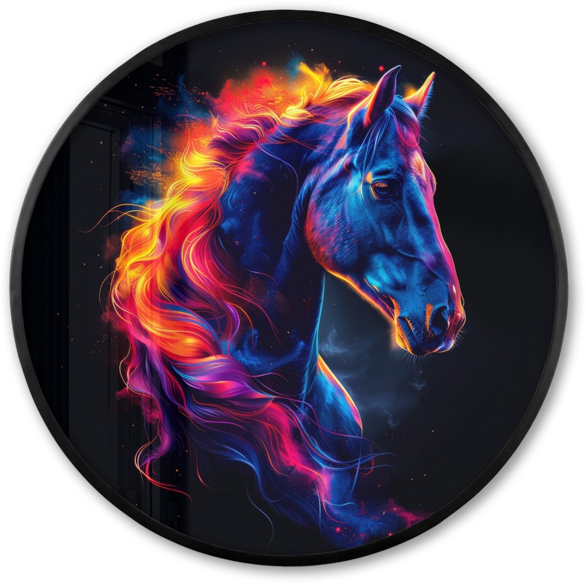 FrameYourWall Poster in lijst Rond - Fotolijst 80x80 cm - Posters - Paard - Dier - Rook - Zwart - Kleuren - Ronde posterlijst zwart - Decoratie - Wanddecoratie woonkamer - Muurdecoratie slaapkamer Paard - Kleurrijk