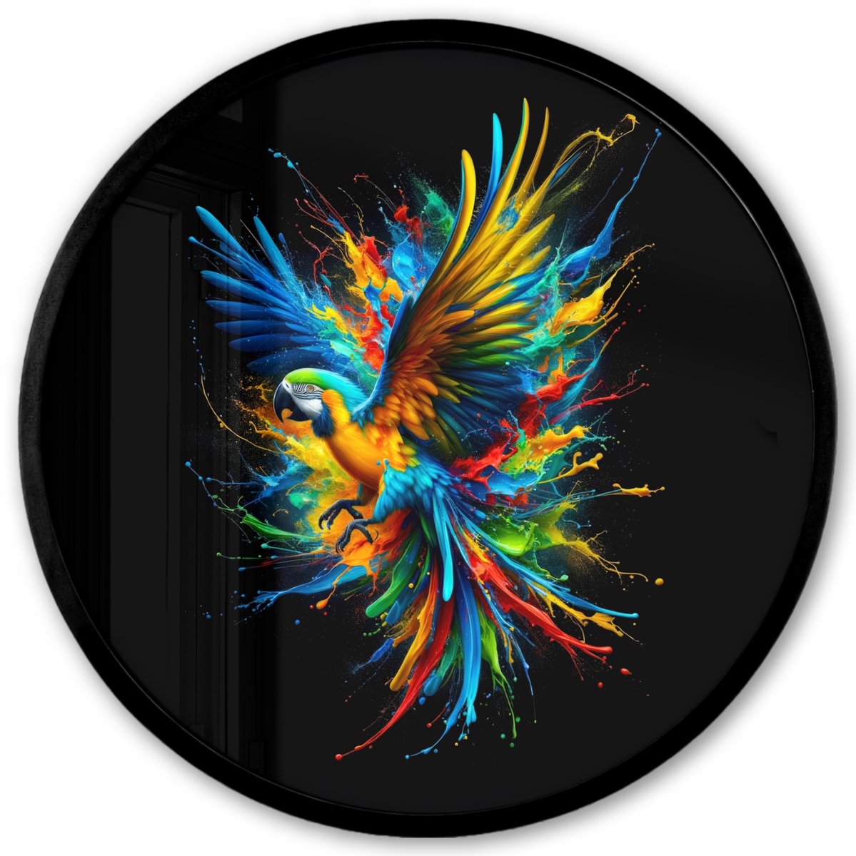 FrameYourWall Poster in lijst Rond - Fotolijst 40x40 cm - Posters - Papegaai - Vogel - Dier - Kleurrijk - Verf - Ronde posterlijst zwart - Decoratie - Wanddecoratie woonkamer - Muurdecoratie slaapkamer