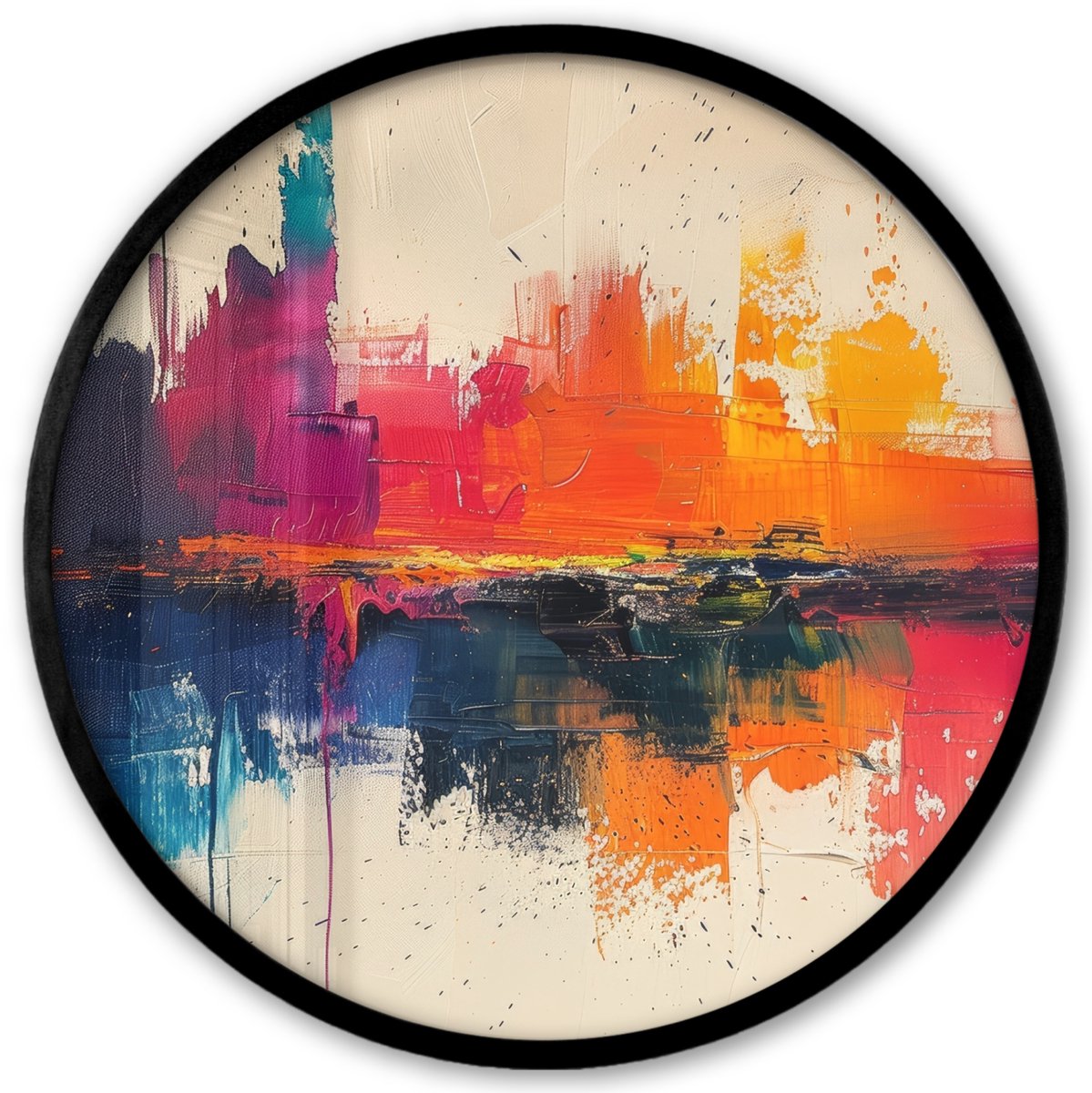 FrameYourWall Poster in lijst Rond - Fotolijst 40x40 cm - Posters - Modern - Verf - Kunst - Kleurrijk - Ronde posterlijst zwart - Decoratie - Wanddecoratie woonkamer - Muurdecoratie slaapkamer