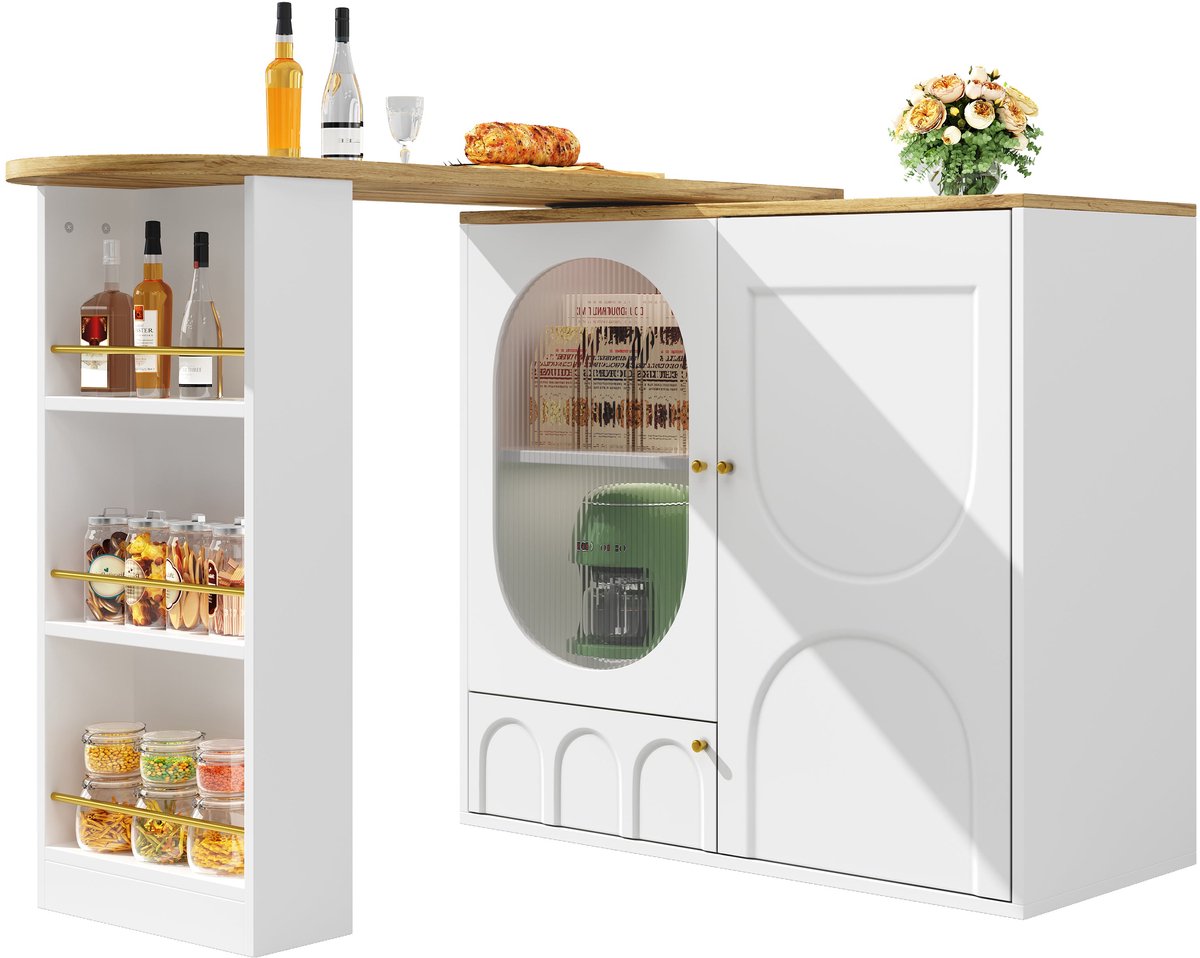 Merax 360° Draaibare Bartafel – Keukeneiland met Opbergruimte en Uitklapbare Tafel – Moderne Hoge Tafel met Deuren - Planken en Glasdetail – Wit/Zwart