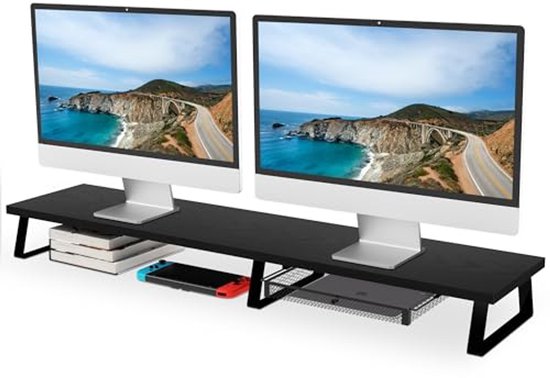 Aothia Grote Houten Monitorstandaard - Monitorstandaard Voor 2 Monitoren, PC Stand Met Lade, Bureauplank Voor Monitor Met Opbergmogelijkheid Voor PC, TV, Laptop, Scherm (Zwart