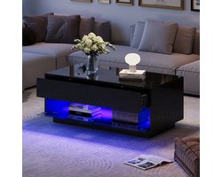 BLACKCOLORS 100*50*40 cm glanzende salontafel, salontafel met 2 lades, Bluetooth led-lichtstrip, salontafel met opbergruimte en gehard glazen wand, bijzettafel, salontafel, zwart