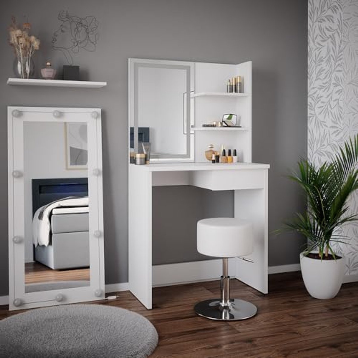 Makeup tafelset met LED spiegel en kruk - Wit 75 cm - Stijlvol en Functioneel