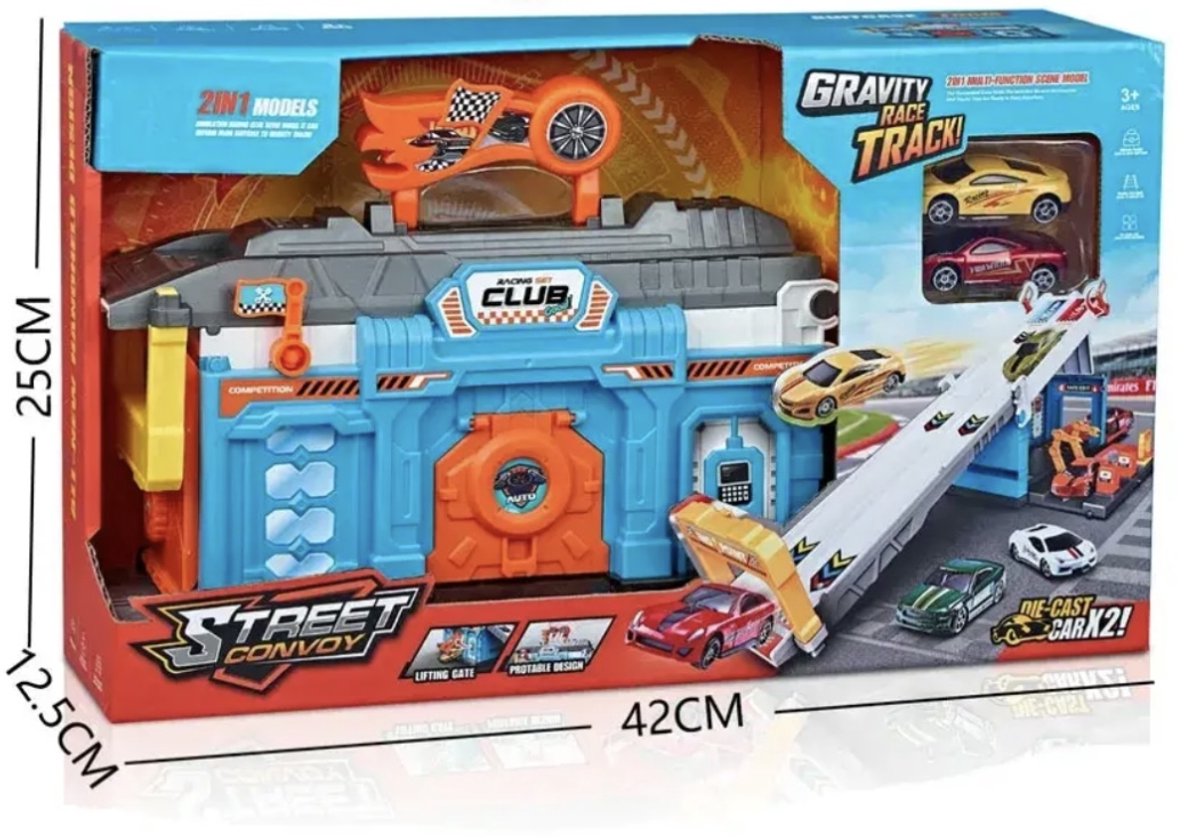 OODBLUE Racebaan met 5 Metalen Auto’s – 2-in-1 Autogarage & Opvouwbare Speelset – Met Draagkoffer – Perfect Cadeau voor Kinderen