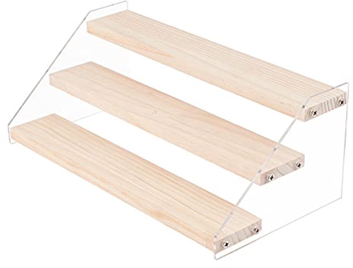 Acryl Display Stand voor Ambachten - 3-Steps Transparant met Houten Basis