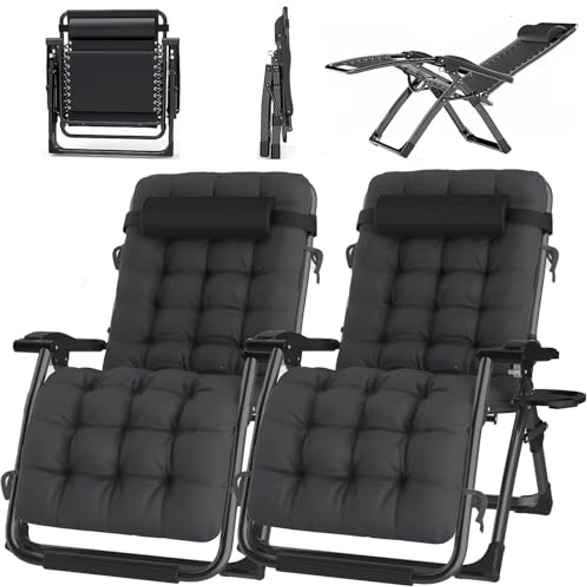 Opvouwbare Ligstoelen met Kussens en Bekerhouder - Relaxstoelen voor Binnen en Buiten, Tuin en Camping