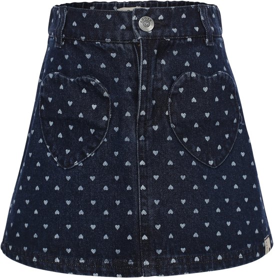 Donkerblauwe denim rok met witte hartjesprint, hartvormige zakken, riemlussen en knoopsluiting.