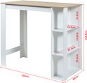 Witte barmeubel met eikenkleurig tafelblad en drie open witte opbergplanken aan de rechterkant, met afmetingen.