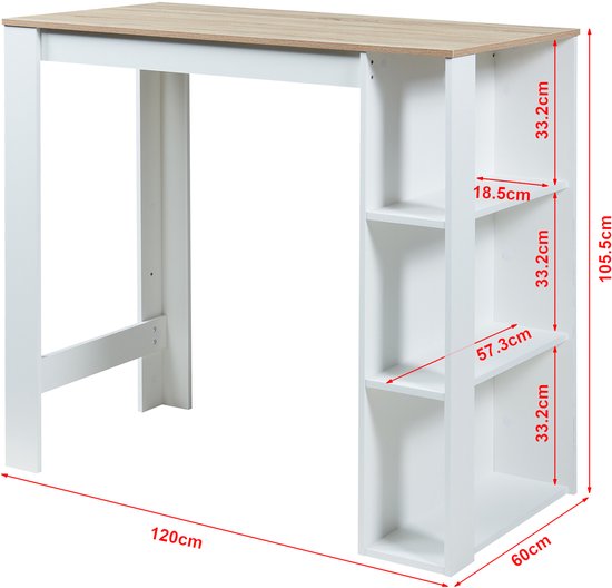 Witte barmeubel met eikenkleurig tafelblad en drie open witte opbergplanken aan de rechterkant, met afmetingen.