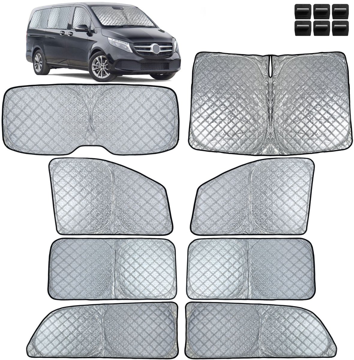 Zonneschermset Voor Mercedes V Klasse W447 (2014-2023) 8 delig Premium Thermische Zonwering Voorruit Achterruit En Zijruiten
