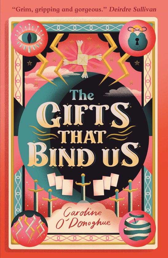 Boekomslag met de titel 'The Gifts That Bind Us' in grote, gedecoreerde letters. Illustraties van een oog, een slot, zwaarden en een poppetje van takken.