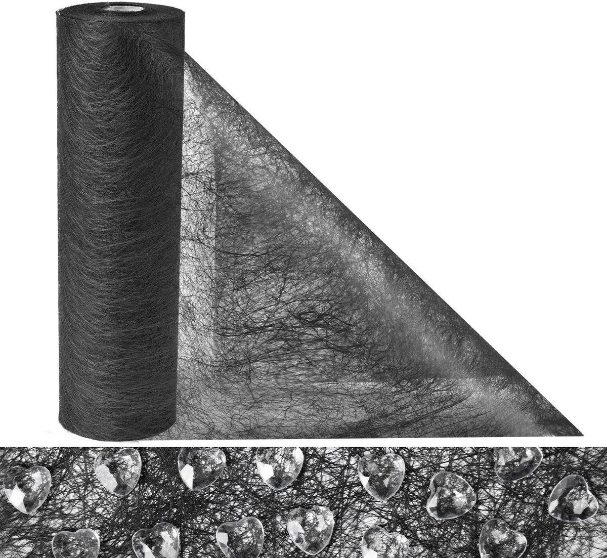 Vliesstof Tafelloperrol - Met 150 Decoratieharten - Voor eettafel, bruiloften en verjaardagen - Zwart, 23 cm x 30 m