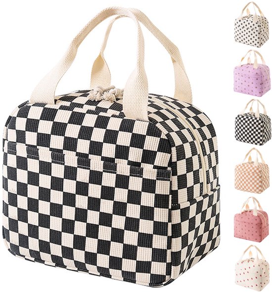 Sac Isotherme Déjeuner Mignon – Femmes & Enfants – Portable et Multifonction – Motif Carreaux – Noir-Blanc