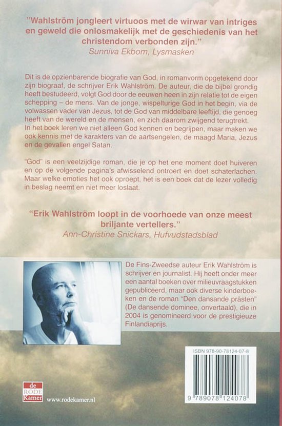 Achterkant boek 'God' van Erik Wahlström. Bevat recensies, een foto van de auteur en productinformatie.