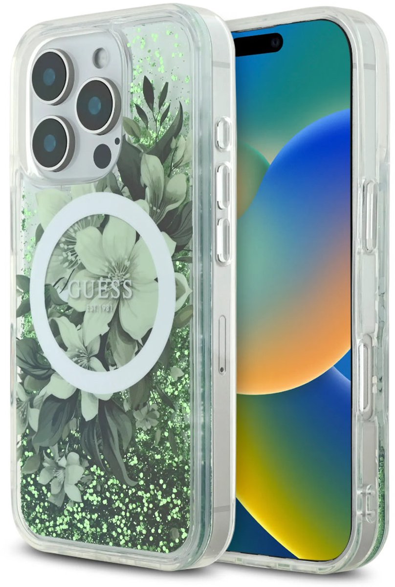 Guess Backcover iPhone 16 Pro - MagSafe - Groene Glitter Bloemenprint - Schokabsorberend TPU