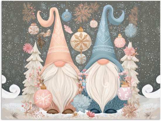 Poster 120x90 cm - Kerst - Gnomen - Pastel - Posters - Kamer decoratie - Wanddecoratie woonkamer - Muurdecoratie slaapkamer - Kerstversiering - Kerstdecoratie voor binnen - Kerstmis