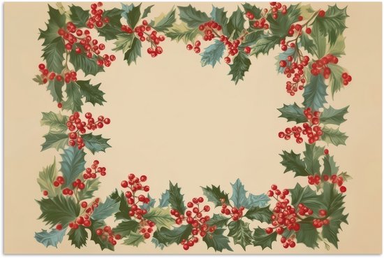 Poster 90x60 cm - Hulstrand - Bessen - Beige - Posters - Kamer decoratie - Wanddecoratie woonkamer - Muurdecoratie slaapkamer - Kerstversiering - Kerstdecoratie voor binnen - Kerstmis