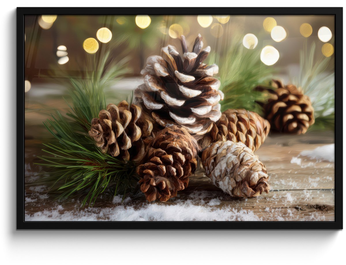 FrameYourWall Poster in lijst - Fotolijst 90x60 cm - Posters - Dennenappels - Kerstsfeer - Bruin - Groen - Posterlijst zwart - Decoratie - Wanddecoratie woonkamer - Muurdecoratie slaapkamer - Kerstversiering - Kerstdecoratie voor binnen - Kerstmis