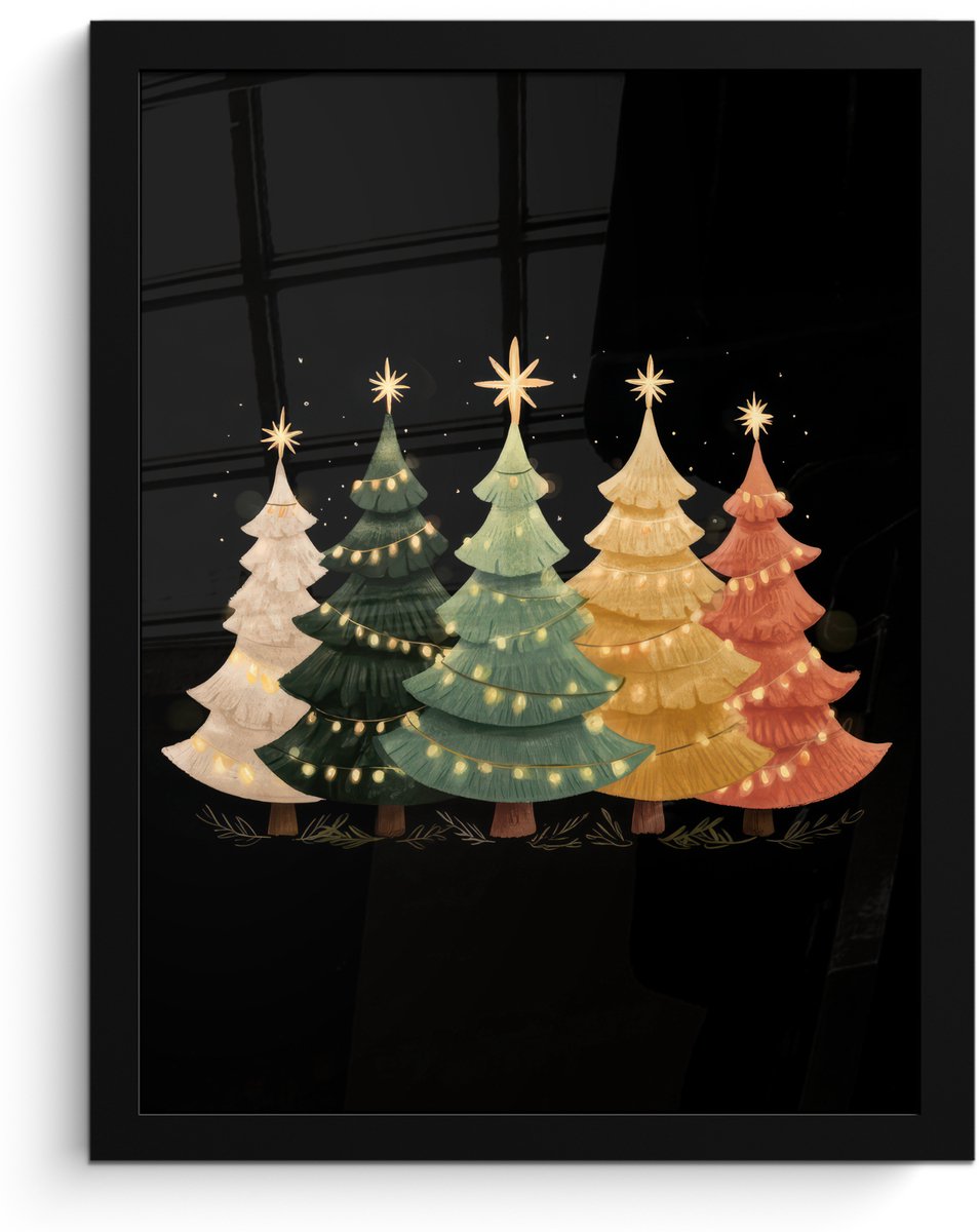 FrameYourWall Poster in lijst - Fotolijst 30x40 cm - Posters - Kerstbomen - Kleurrijk - Lichtjes - Ster - Posterlijst zwart - Decoratie - Wanddecoratie woonkamer - Muurdecoratie slaapkamer - Kerstversiering - Kerstdecoratie voor binnen - Kerstmis