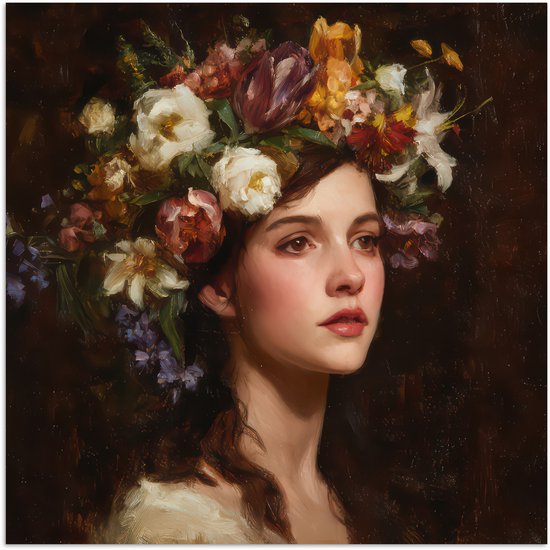 Poster 100x100 cm - Portret - Vrouw - Bloemen - Posters - Kamer decoratie - Wanddecoratie woonkamer - Muurdecoratie slaapkamer XXL