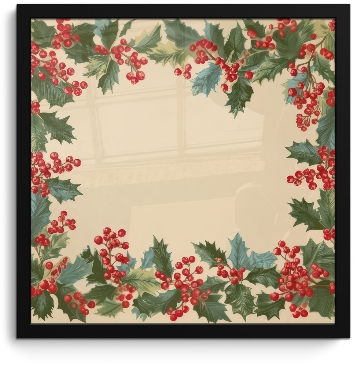 FrameYourWall Poster in lijst - Fotolijst 40x40 cm - Posters - Hulstrand - Bessen - Beige - Posterlijst zwart - Decoratie - Wanddecoratie woonkamer - Muurdecoratie slaapkamer - Kerstversiering - Kerstdecoratie voor binnen - Kerstmis