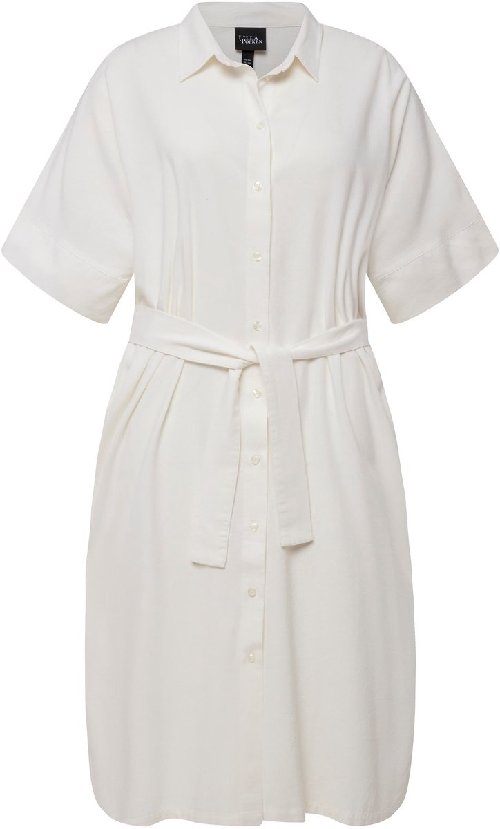 Ulla Popken - Dames - midi jurk linnenmix overhemdkraag riem korte mouwen - Off-white - Maat 42+