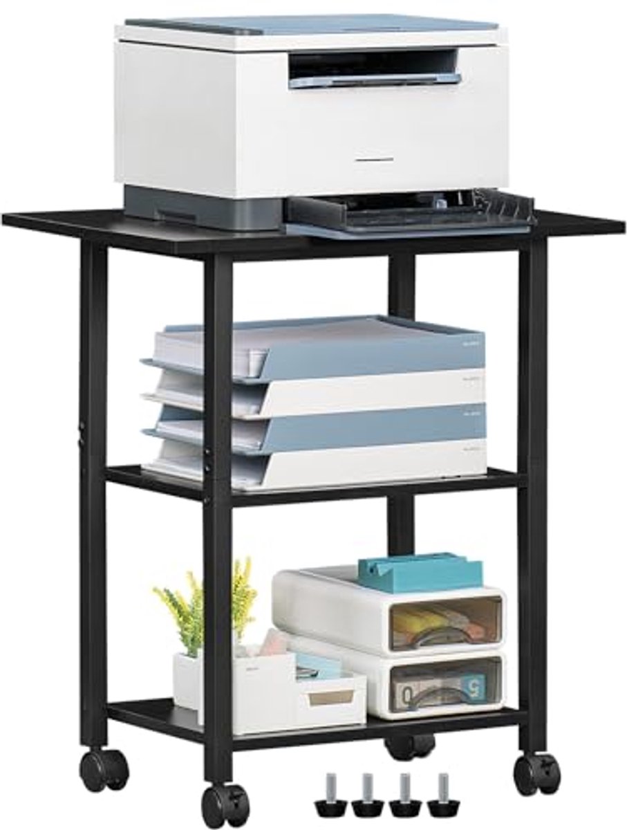 Image of 3-laags Printerstandaard met Opbergplank en Stalen Frame - Mobiele Printerkar met Vergrendelbare Wielen voor Thuis en Kantoor