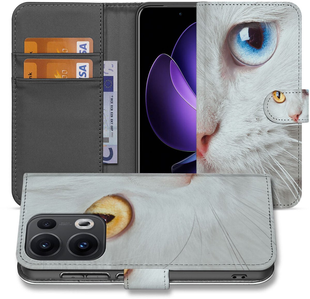 OPPO Reno 13 Pro Telefoonhoesje met Pasjes Witte Kat