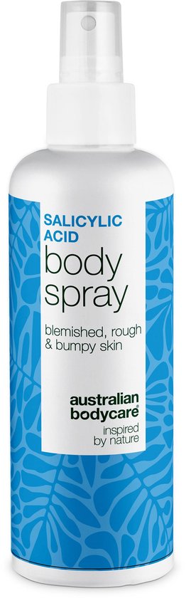 White spray bottle with blue leaf pattern and text 'SALICYLIC ACID body spray'.