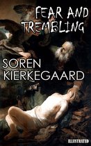 Boek kaft van "Fear and Trembling" door Soren Kierkegaard, met een illustratie van een engel die een man tegenhoudt bij het offeren van een jongen.