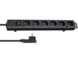 Comfort-Line Plus stekkerdoos met platte stekker 6-voudig zwart 2m H05VV-F 3G1,5