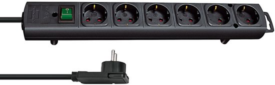 Comfort-Line Plus stekkerdoos met platte stekker 6-voudig zwart 2m H05VV-F 3G1,5