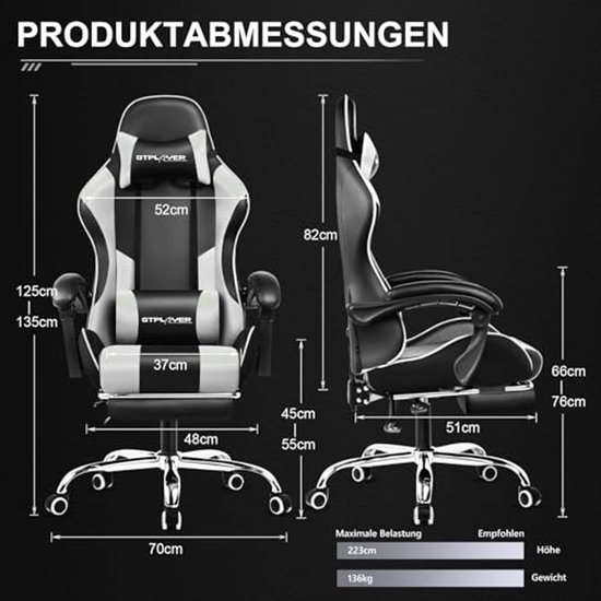 Ergonomische Gamingstoel met Massagefunctie en Voetensteun - Draaistoel met Hoofdsteun en Lendenkussen - Comfortabele Zachte Bekleding in Wit — afbeelding 5
