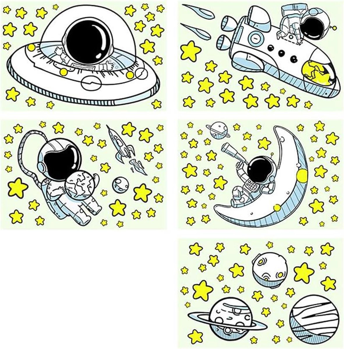 Allecto Plus - Glow in the Dark Raketten Planeten Muurstickers voor Baby Kwekerij Kids Slaapkamer - Buitenruimte Thema - Set van 5