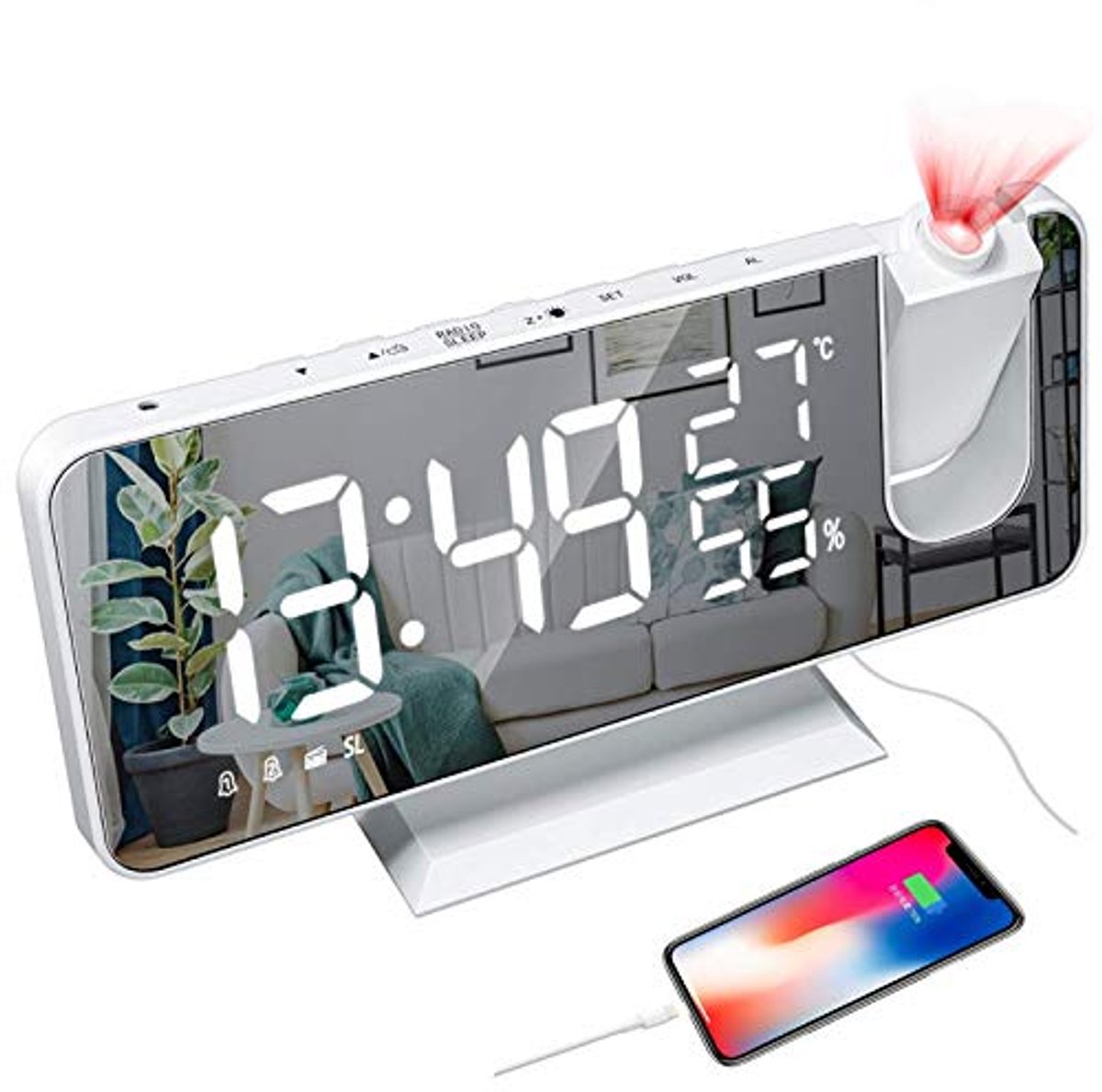 Projectiewekker met Spiegeloppervlak en Dubbel Alarm - Digitale LED Wekker met FM Radio en Temperatuurweergave