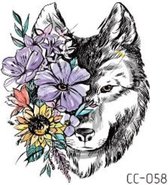 Temporary tattoo | tijdelijke tattoo | fake tattoo | tekening wolf met bloemen | 60 x 60 mm
