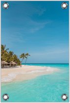 Tuinposter –Tropisch Wit Strand met Blauwe Zee en Palmbomen– 100x150  Foto op Tuinposter (wanddecoratie voor buiten en binnen)