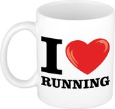 I love running wit met rood hartje koffiemok / beker 300 ml - keramiek - cadeau voor sport / hardloop liefhebber