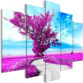 Schilderijen Op Canvas - Schilderij - Tree near the Road (5 Parts) Violet 100x50 - Artgeist Schilderij