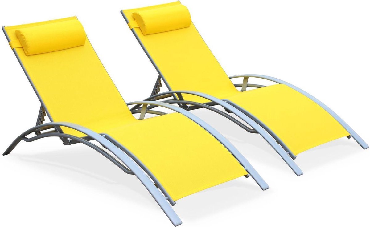 Set van 2 Louisa ligstoelen van aluminium en textileen, kleur grijs/geel