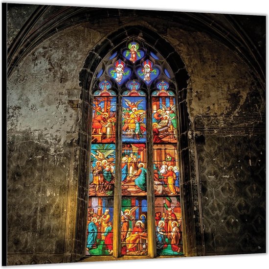 Dibond –Kerk met Glas-in-lood Raam– 100x100 Foto op Aluminium (Wanddecoratie van metaal)